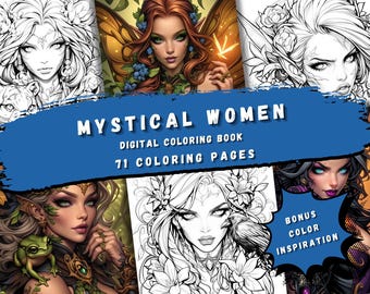 Mystical Women Coloring Book - Printable PDF with 71 Nature, Magic, Anime, and Comic Pages, Tattoo Art