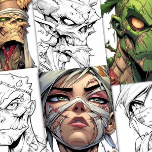 Peut inclure: Ensemble de six illustrations de portraits de monstres, dont une momie, un cr&acirc;ne, un zombie et une figure de style Frankenstein. Comprend &eacute;galement une femme avec des bandages et des points de suture.