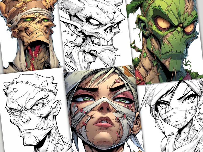 Peut inclure: Ensemble de six illustrations de portraits de monstres, dont une momie, un cr&acirc;ne, un zombie et une figure de style Frankenstein. Comprend &eacute;galement une femme avec des bandages et des points de suture.