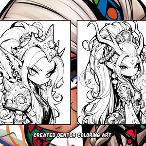 Puede incluir: Dos dibujos en blanco y negro de personajes femeninos con peinados elaborados y ropa adornada. El personaje de la izquierda lleva una corona y una armadura. El personaje de la derecha lleva un tocado con cuernos. El texto "CREATED DENTOR COLORING ART" est&aacute; en la parte inferior de la imagen.