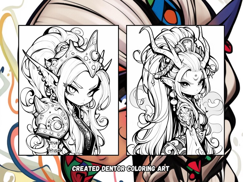 Puede incluir: Dos dibujos en blanco y negro de personajes femeninos con peinados elaborados y ropa adornada. El personaje de la izquierda lleva una corona y una armadura. El personaje de la derecha lleva un tocado con cuernos. El texto "CREATED DENTOR COLORING ART" est&aacute; en la parte inferior de la imagen.
