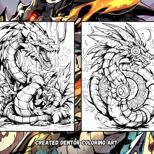 Puede incluir: Dos dibujos en blanco y negro de dragones. El primer drag&oacute;n est&aacute; enroscado en una posici&oacute;n defensiva con la boca abierta. El segundo drag&oacute;n est&aacute; enroscado en un c&iacute;rculo con la cabeza mirando al espectador. Ambos dragones tienen escamas y plumas detalladas.
