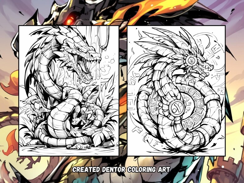 Puede incluir: Dos dibujos en blanco y negro de dragones. El primer drag&oacute;n est&aacute; enroscado en una posici&oacute;n defensiva con la boca abierta. El segundo drag&oacute;n est&aacute; enroscado en un c&iacute;rculo con la cabeza mirando al espectador. Ambos dragones tienen escamas y plumas detalladas.
