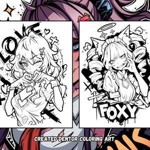 May include: Two black and white line art illustrations of anime characters. The first illustration features a character with long hair and a heart-shaped symbol on their chest. The second illustration features a character with long hair and a halo above their head. The text "LOVE" and "FOXY" are visible in the illustrations.