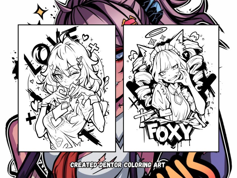 May include: Two black and white line art illustrations of anime characters. The first illustration features a character with long hair and a heart-shaped symbol on their chest. The second illustration features a character with long hair and a halo above their head. The text "LOVE" and "FOXY" are visible in the illustrations.