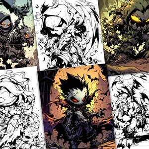 May include: A set of six black and white illustrations of various spooky characters. The characters are drawn in a cartoon style and include a skeleton riding a horse, a vampire, a ghoul, and a werewolf.