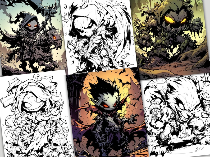 May include: A set of six black and white illustrations of various spooky characters. The characters are drawn in a cartoon style and include a skeleton riding a horse, a vampire, a ghoul, and a werewolf.