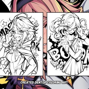 May include: Two black and white illustrations of anime characters. The character on the left is wearing a cape and has the word "MASK" behind her. The character on the right is holding a book and has the word "BOOK" behind her.