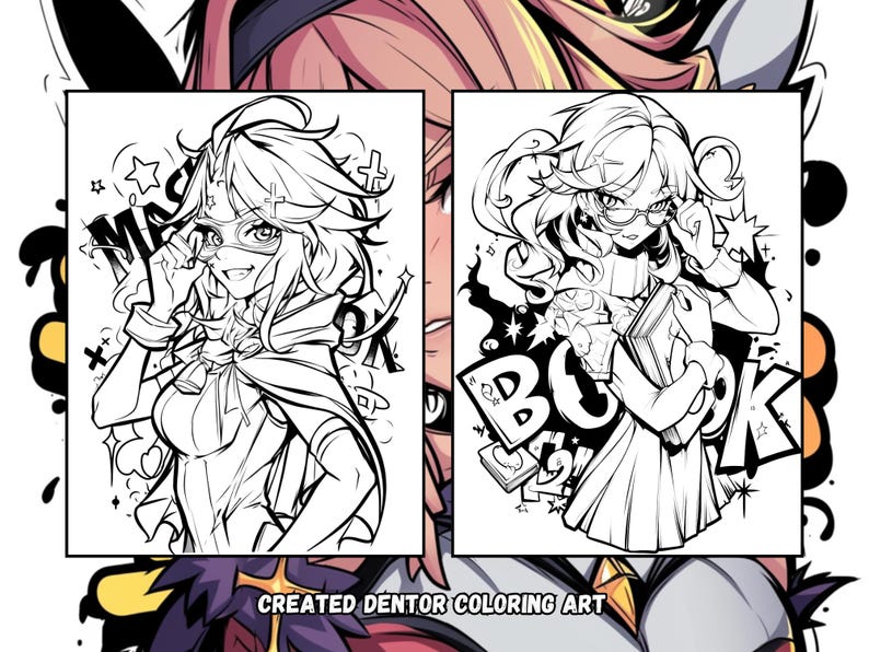 May include: Two black and white illustrations of anime characters. The character on the left is wearing a cape and has the word "MASK" behind her. The character on the right is holding a book and has the word "BOOK" behind her.