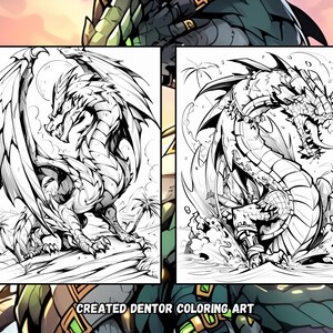 Puede incluir: Dos dibujos en blanco y negro de un drag&oacute;n. El drag&oacute;n de la izquierda est&aacute; de pie en una playa con palmeras. El drag&oacute;n de la derecha est&aacute; en el agua con olas rompiendo a su alrededor. El texto "CREATED DENTOR COLORING ART" est&aacute; en la parte inferior de la imagen.