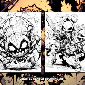 Pu&ograve; includere: Illustrazione in bianco e nero di due personaggi spettrali. Il primo personaggio &egrave; una creatura simile a un ragno con un ampio sorriso pieno di denti. Il secondo personaggio &egrave; un cavaliere scheletrico che cavalca un cavallo scheletrico. Il testo "CREATED DENTOR COLORING ART" &egrave; in fondo all'immagine.