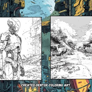 May include: A black and white line drawing of a robot standing in a destroyed city. The robot has a large head and a body made of many mechanical parts. The city is in ruins, with buildings collapsed and debris scattered everywhere. The drawing is in a style reminiscent of cyberpunk art.