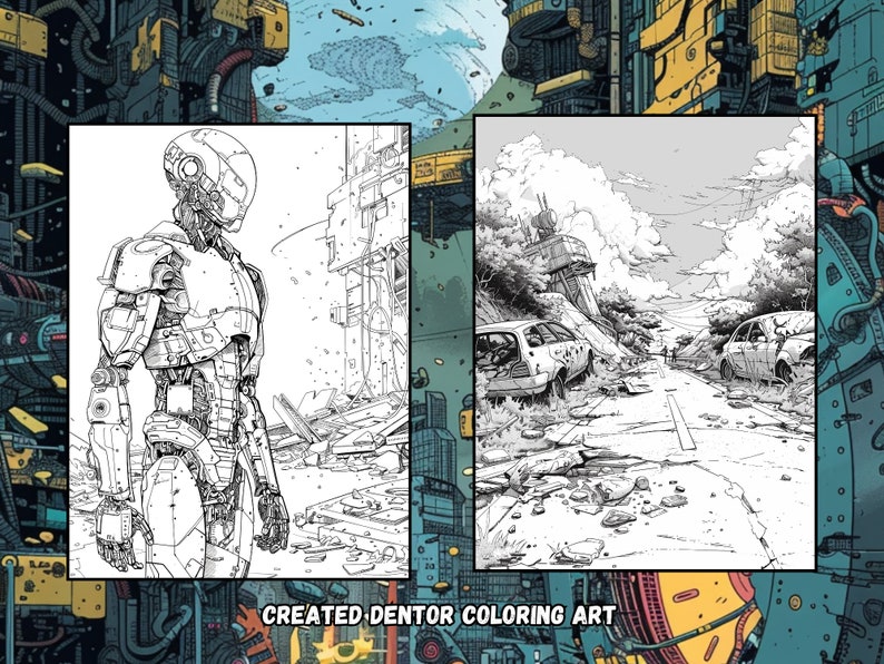 May include: A black and white line drawing of a robot standing in a destroyed city. The robot has a large head and a body made of many mechanical parts. The city is in ruins, with buildings collapsed and debris scattered everywhere. The drawing is in a style reminiscent of cyberpunk art.