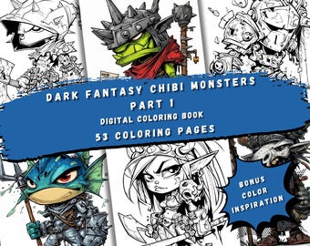 May include: A digital coloring book titled "Dark Fantasy Chibi Monsters Part 1" with 53 coloring pages. The image features several illustrations of fantasy creatures in a chibi style, with a bonus section for color inspiration.