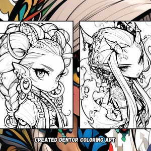 Puede incluir: Dos dibujos en blanco y negro de un personaje femenino con cabello largo, cuernos y joyas intrincadas. El personaje de la izquierda mira hacia la derecha, mientras que el personaje de la derecha mira hacia la izquierda. El texto "CREATED DENTOR COLORING ART" est&aacute; en la parte inferior de la imagen.