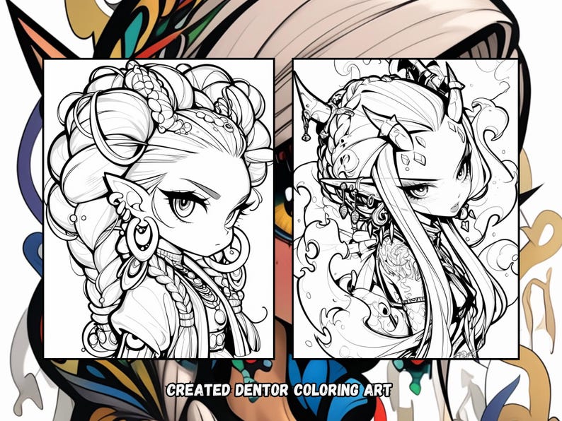 Puede incluir: Dos dibujos en blanco y negro de un personaje femenino con cabello largo, cuernos y joyas intrincadas. El personaje de la izquierda mira hacia la derecha, mientras que el personaje de la derecha mira hacia la izquierda. El texto "CREATED DENTOR COLORING ART" est&aacute; en la parte inferior de la imagen.