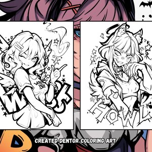 May include: Two black and white line art illustrations of anime characters. The first illustration is of a girl with wings and the word "WISH" behind her. The second illustration is of a girl with cat ears and the word "HOWL" behind her.