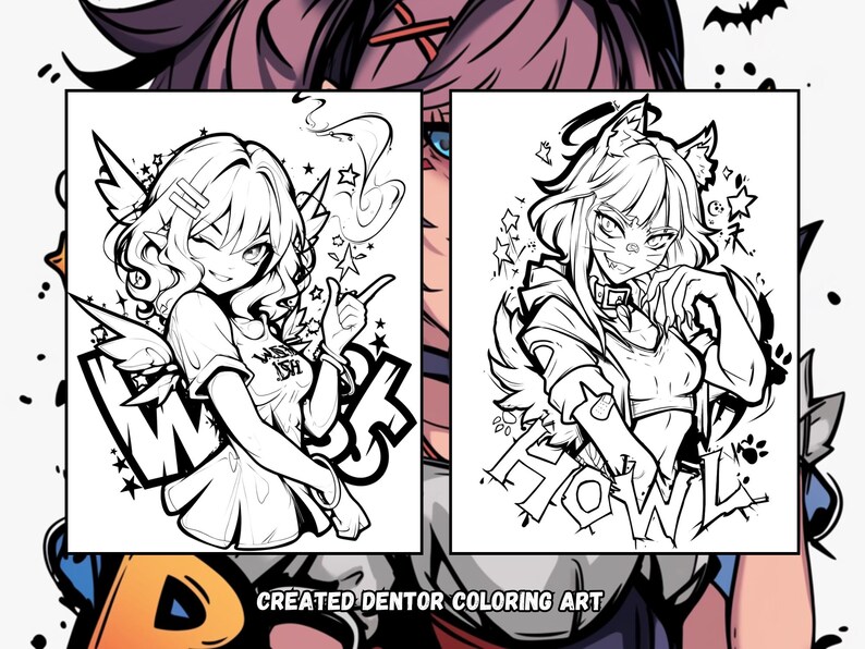 May include: Two black and white line art illustrations of anime characters. The first illustration is of a girl with wings and the word "WISH" behind her. The second illustration is of a girl with cat ears and the word "HOWL" behind her.