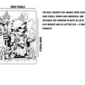 Pu&ograve; includere: Illustrazione in bianco e nero a linea di una figura incappucciata che tiene un bastone con teschi. La figura &egrave; circondata da candele e fumo. L'immagine &egrave; di 2550 x 3508 pixel.