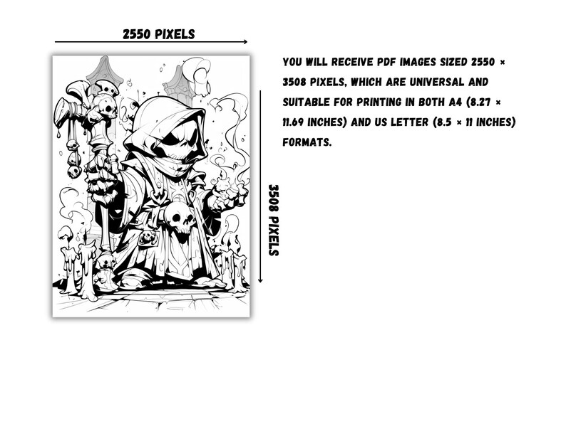 Pu&ograve; includere: Illustrazione in bianco e nero a linea di una figura incappucciata che tiene un bastone con teschi. La figura &egrave; circondata da candele e fumo. L'immagine &egrave; di 2550 x 3508 pixel.