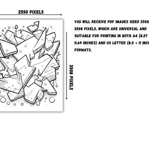 May include: Black and white graffiti-style artwork featuring abstract geometric shapes. The image includes text stating the PDF images are sized 2550 x 3508 pixels, suitable for printing in A4 (8.27 x 11.69 inches) and US Letter (8.5 x 11 inches) formats.
