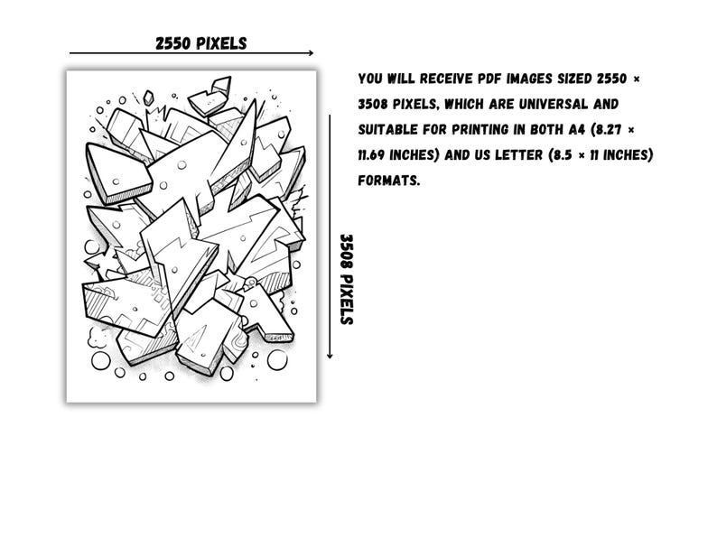 May include: Black and white graffiti-style artwork featuring abstract geometric shapes. The image includes text stating the PDF images are sized 2550 x 3508 pixels, suitable for printing in A4 (8.27 x 11.69 inches) and US Letter (8.5 x 11 inches) formats.