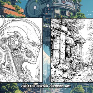 May include: A black and white line art illustration of a robot head and a futuristic landscape with a large machine in the background. The illustration is titled "Created Dentor Coloring Art".
