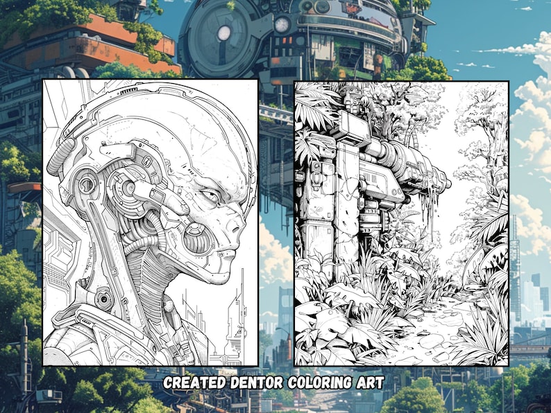 May include: A black and white line art illustration of a robot head and a futuristic landscape with a large machine in the background. The illustration is titled "Created Dentor Coloring Art".