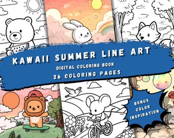 May include: Kawaii Summer Line Art Digital Coloring Book with 26 coloring pages.  The cover features a variety of cute animals, including a bear, rabbit, fox, lion, and mouse.  Bonus color inspiration is included.