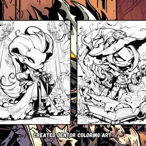 Pu&ograve; includere: Illustrazione in bianco e nero di due personaggi fantasy. Il primo personaggio &egrave; una donna con i capelli lunghi e un vestito. Il secondo personaggio &egrave; una strega con un cappello e un libro. Il testo "CREATED DENTOR COLORING ART" &egrave; in basso nell'immagine.