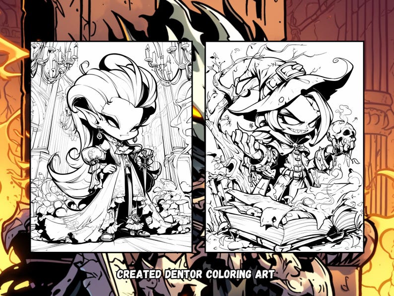 Pu&ograve; includere: Illustrazione in bianco e nero di due personaggi fantasy. Il primo personaggio &egrave; una donna con i capelli lunghi e un vestito. Il secondo personaggio &egrave; una strega con un cappello e un libro. Il testo "CREATED DENTOR COLORING ART" &egrave; in basso nell'immagine.