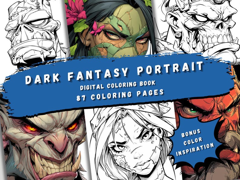 Peut inclure: Un livre de coloriage num&eacute;rique intitul&eacute; "Dark Fantasy Portrait" avec 87 pages &agrave; colorier. L'image pr&eacute;sente divers portraits fantastiques en couleur et en noir et blanc, avec une banni&egrave;re bleue au centre.