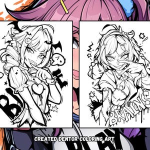 May include: Two black and white coloring pages featuring anime-style characters. The first page features a girl with a heart and the text "Bite". The second page features a girl with stitches and the text "Brains".