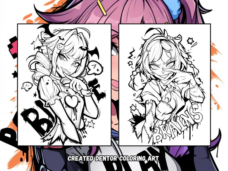 May include: Two black and white coloring pages featuring anime-style characters. The first page features a girl with a heart and the text "Bite". The second page features a girl with stitches and the text "Brains".