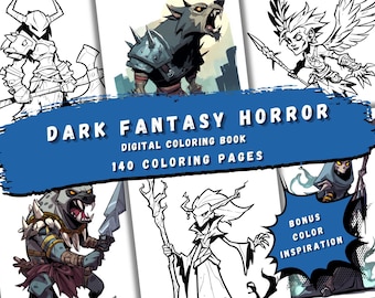 May include: Digital coloring book titled "Dark Fantasy Horror" with 140 coloring pages. The image features various black and white illustrations of fantasy creatures and characters, with a blue banner across the center.