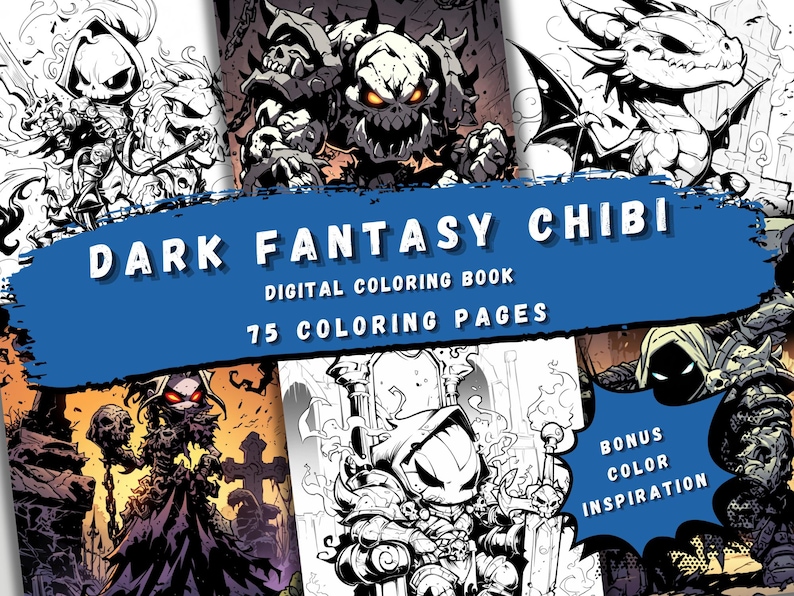 Pu&ograve; includere: Un libro da colorare digitale con 75 pagine da colorare di personaggi chibi fantasy dark. La copertina mostra una variet&agrave; di personaggi, tra cui un drago, un goblin e uno scheletro. Il libro include anche ispirazione di colore bonus.