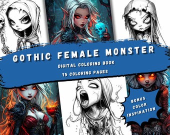 Gothic Female Monster Coloring Pages | Fantasy and Horror-Themed Creatures | Instant Digital Download