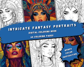 64 Intricate Fantasy Portraits Coloring Pages | Digital Coloring Book PDF for Adults & Kids | Parallel Worlds Characters