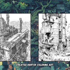 May include: Two black and white line drawings of futuristic cityscapes. The first image shows a building with a rooftop garden. The second image shows a tall building with pipes and a large tank.