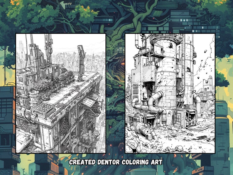 May include: Two black and white line drawings of futuristic cityscapes. The first image shows a building with a rooftop garden. The second image shows a tall building with pipes and a large tank.