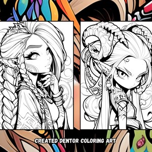 Puede incluir: Dos dibujos en blanco y negro de personajes femeninos con cabello largo, detalles intrincados y joyas ornamentadas. El personaje de la izquierda tiene un estilo m&aacute;s realista, mientras que el personaje de la derecha tiene un estilo m&aacute;s caricaturesco. El texto "CREATED DENTOR COLORING ART" est&aacute; en la parte inferior de la imagen.