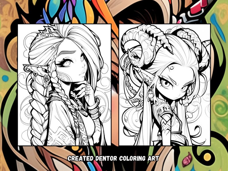Puede incluir: Dos dibujos en blanco y negro de personajes femeninos con cabello largo, detalles intrincados y joyas ornamentadas. El personaje de la izquierda tiene un estilo m&aacute;s realista, mientras que el personaje de la derecha tiene un estilo m&aacute;s caricaturesco. El texto "CREATED DENTOR COLORING ART" est&aacute; en la parte inferior de la imagen.