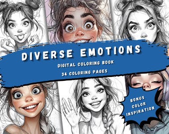 Diverse Emotions Coloring Book for Adults & Kids | Expressive Girls Sketches | Digital Download