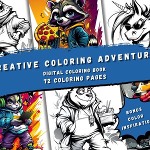 Creative Coloring Adventure: Funny Raccoon, Alien Surfer & Shark - 72 Page Digital Download