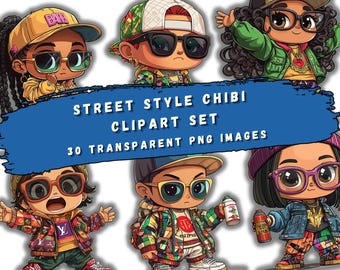 May include: A set of 30 digital clipart images featuring cartoon characters in various street styles. The characters are all chibi style, meaning they have large heads and small bodies. The characters are wearing a variety of clothing, including hats, sunglasses, and jewelry. The images are in PNG format and have transparent backgrounds.