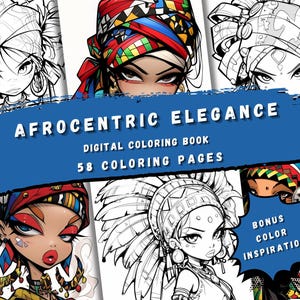 Afrocentric Elegance Coloring Book, 58 Pages, Printable PDF, For Teens & Adults, Cultural Art, Stress Relief, Digital Download
