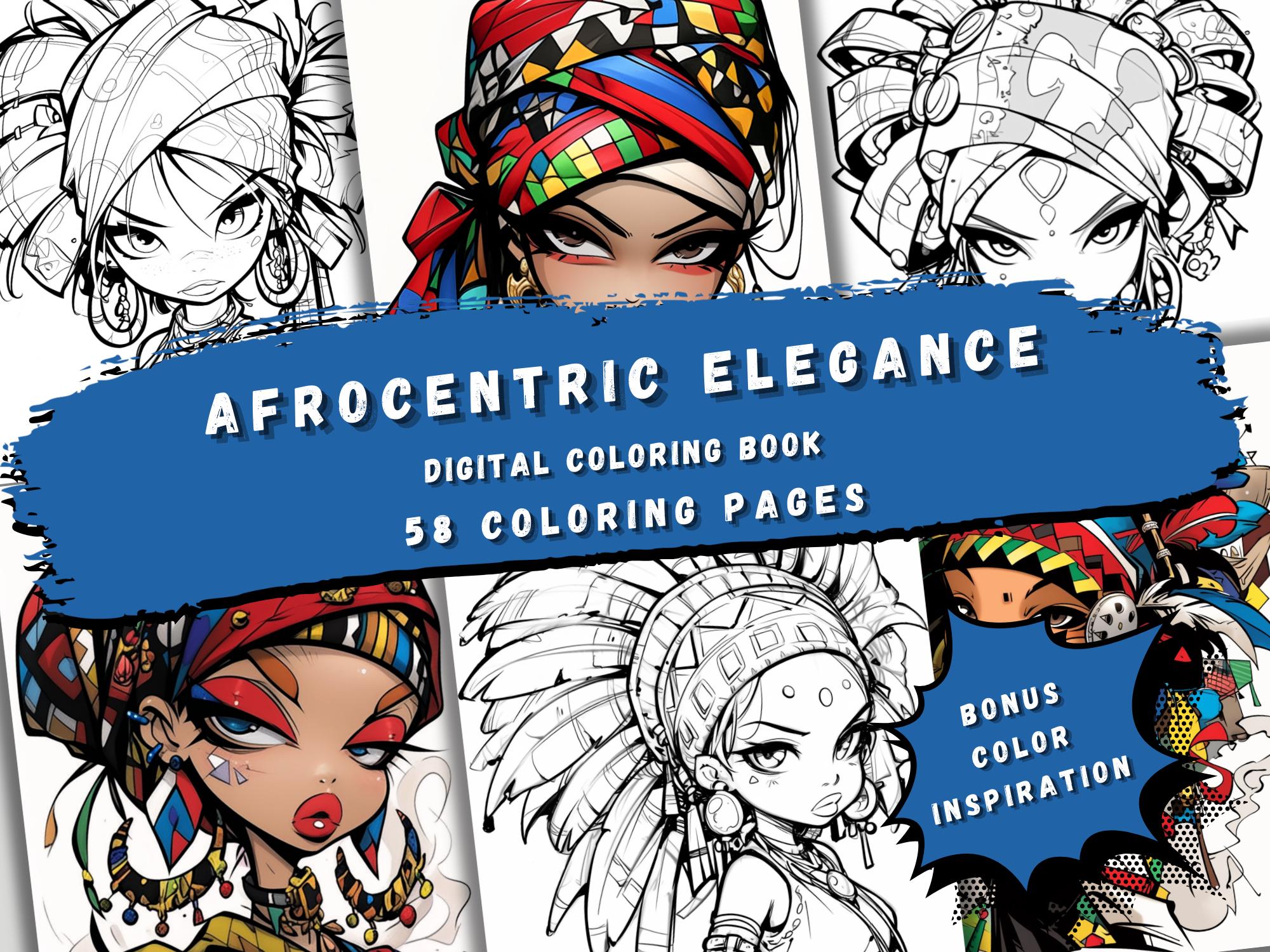 Afrocentric Elegance Coloring Book, 58 Pages, Printable PDF, For Teens & Adults, Cultural Art, Stress Relief, Digital Download