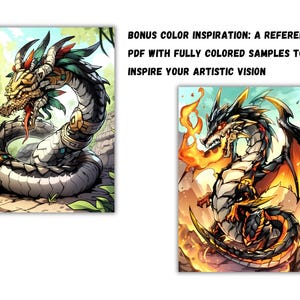Puede incluir: Dos ilustraciones de dragones. El primer drag&oacute;n es verde, blanco y dorado con un tocado de plumas. El segundo drag&oacute;n es negro, rojo y naranja con fuego saliendo de su boca.