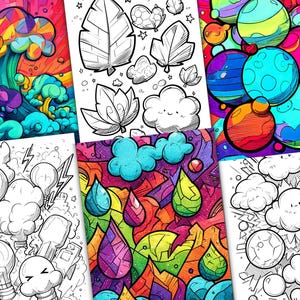May include: A collection of colorful, abstract art prints. The images feature various designs, including leaves, clouds, raindrops, and light bulbs, all with bold outlines and vibrant colors. The style is reminiscent of coloring book pages.