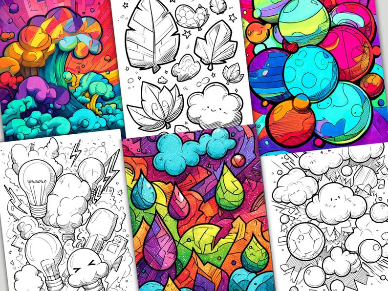 May include: A collection of colorful, abstract art prints. The images feature various designs, including leaves, clouds, raindrops, and light bulbs, all with bold outlines and vibrant colors. The style is reminiscent of coloring book pages.